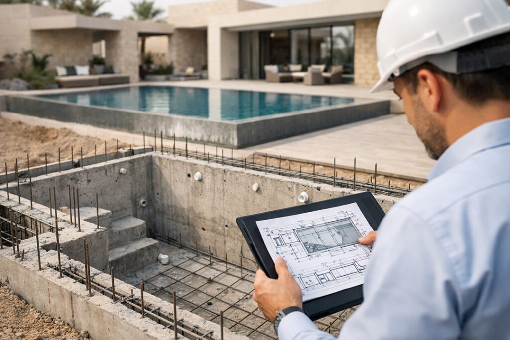 تنفيذ مسبح خرساني قيد الإنشاء في فيلا بالرياض مع مخططات هندسية لمسبح أوفر فلو فاخر