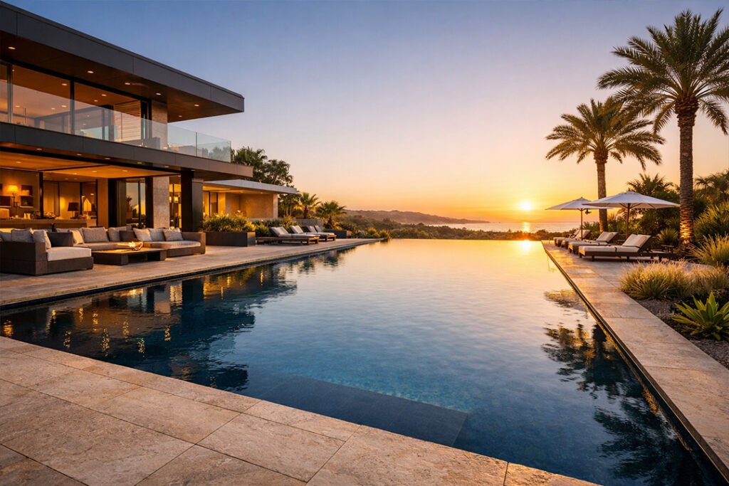تصميم مسبح فاخر بنظام إنفينيتي في فيلا حديثة يعزز جمالية العقار ويرفع من قيمته السوقية.