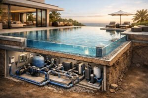 تصميم مسبح فاخر مع عرض داخلي يوضح أنظمة الفلترة وغرفة المضخات والتفاصيل الهندسية المخفية
