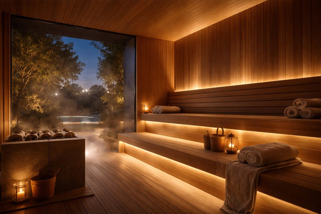 غرفة ساونا فاخرة داخل فيلا حديثة بتصميم هادئ يعكس الراحة والاسترخاء