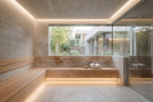 تصميم غرفة بخار فاخرة داخل فيلا مع إضاءة هادئة وتوزيع بخار متوازن يعكس جودة التنفيذ والتفاصيل غير المرئية