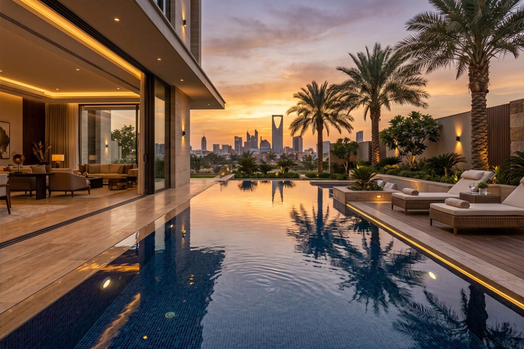 مسبح فاخر داخل فيلا حديثة بالرياض بإضاءة ليلية راقية وانعكاسات مياه هادئة وتصميم معماري فاخر