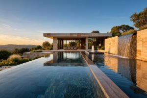 العناصر المائية في التصميم المعماري الحديث داخل فيلا فاخرة تضم مسبحًا، نافورة وشلالًا بتصميم هندسي راقٍ.