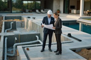 مهندس يراجع مخططات تنفيذ مسبح فاخر قبل بدء أعمال الإنشاء لضمان جودة التنفيذ والتخطيط الهندسي.