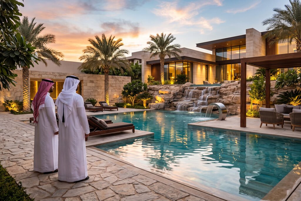 مدخل فيلا فاخرة في السعودية يطل على مسبح أوفر فلو مع نافورة وشلال وجلسة خارجية، يوضح أهمية الانطباع الأول في تصميم المساحات الخارجية.