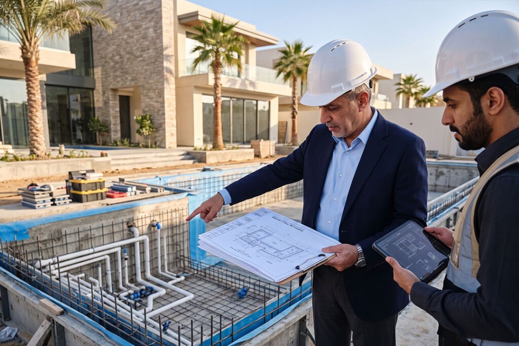 مهندس يراجع مخططات مشروع مسبح فاخر مع غرفة معدات احترافية توضح أهمية التخطيط وجودة التنفيذ لتجنب الأخطاء المكلفة.
