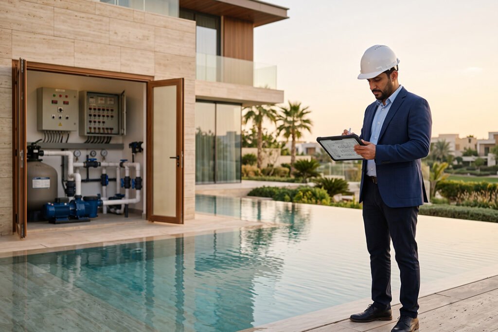 مهندس يفحص أنظمة تشغيل مسبح فاخر داخل فيلا حديثة توضح أهمية التخطيط وجودة التنفيذ لإطالة عمر المشاريع.