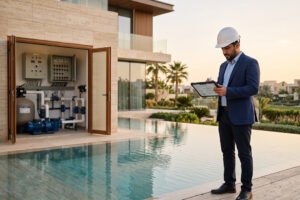 Middle Eastern engineer inspecting premium swimming pool equipment inside a luxury villa, highlighting quality planning and long-term engineering performance.