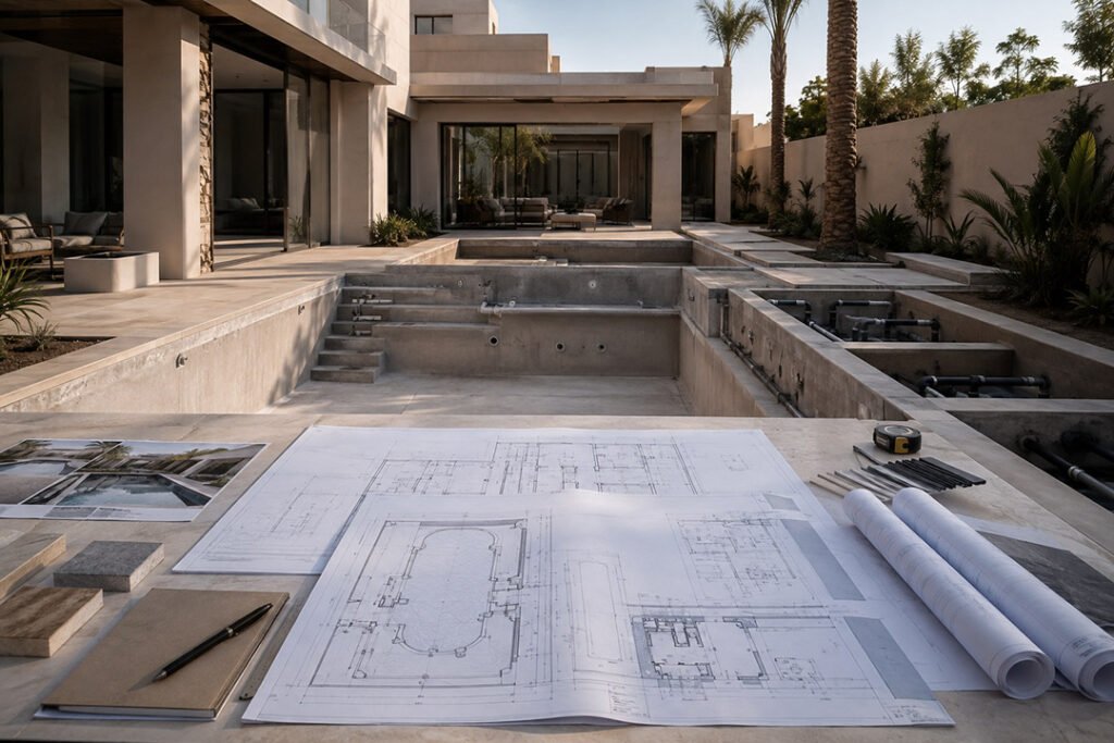التخطيط الهندسي لمشروع مسبح فاخر قبل بدء التنفيذ