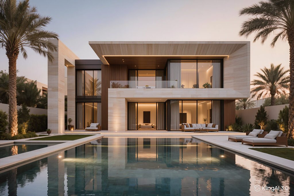 مسبح فاخر منسجم مع عمارة فيلا سعودية وتصميم الحديقة