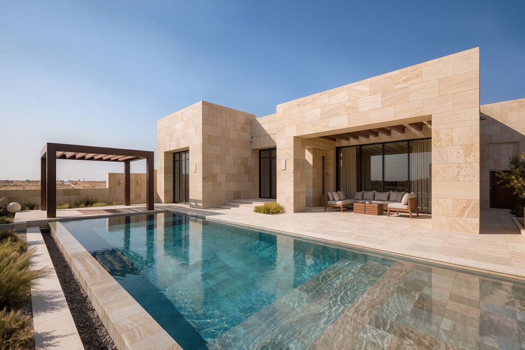 مسبح فاخر في فيلا بالرياض تحت أشعة شمس الصيف مع تظليل معماري جزئي